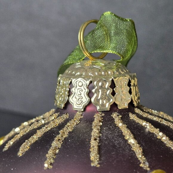 Frontgate Burgundy Glass Christmas Ornament 4" Gold Glitter Beaded Scallop - Picture 6 of 8